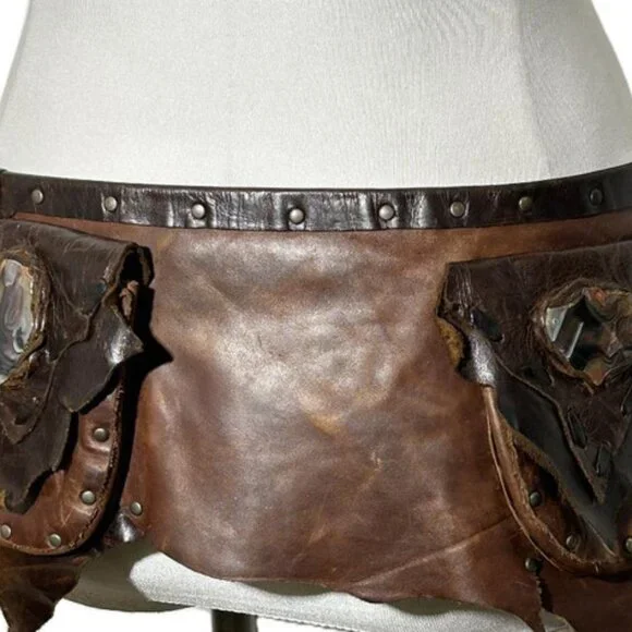 Brown Leather Small Saddle Bag Western Hip Bag Patchwork Riveted Belt Medium - Picture 2 of 10